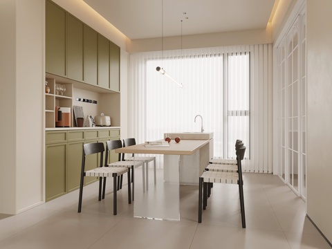 法式奶油餐厅 餐桌椅 岛台餐桌椅 餐边柜su模型