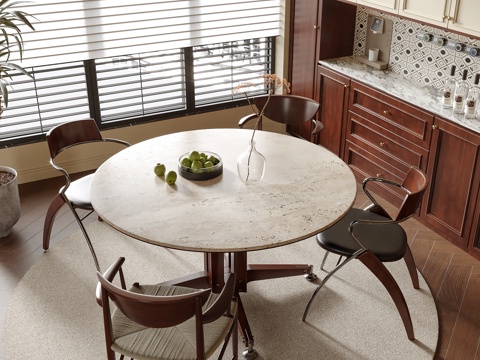 宋式餐桌椅 圆形餐桌 餐厅 餐边柜 酒柜 吊灯su模型