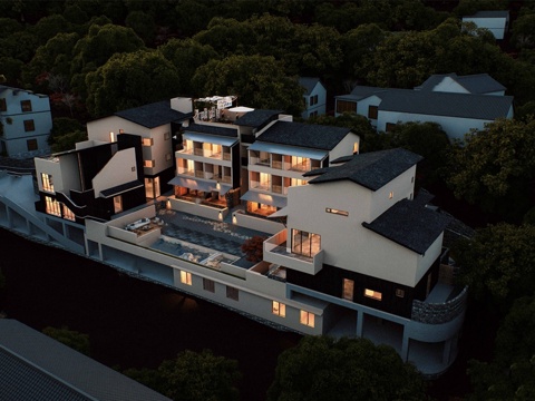 新中式乡村民宿 酒店建筑su模型