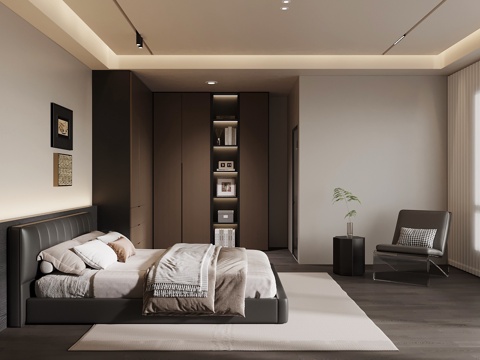 现代意式卧室 皮质双人床 衣柜su模型