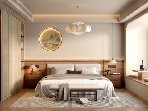 中古风卧室 双人床 吊灯su模型