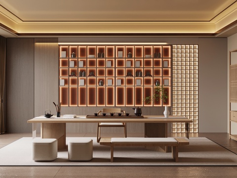 新中式茶室 茶桌椅 博古架su模型