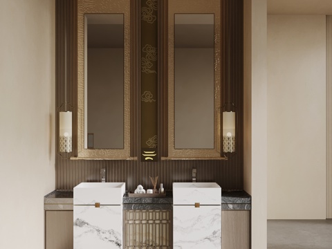 新中式干湿分离卫生间 洗手台su模型