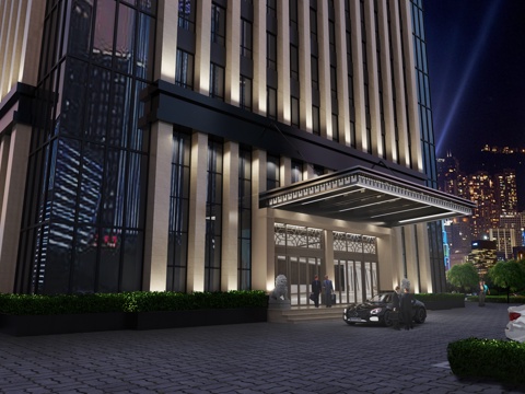  新中式公司门头夜景3d模型 