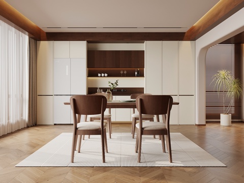 中古风餐厅 餐桌椅 酒柜su模型