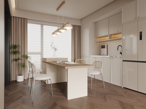 现代奶油风餐厅 餐桌椅 餐边柜su模型