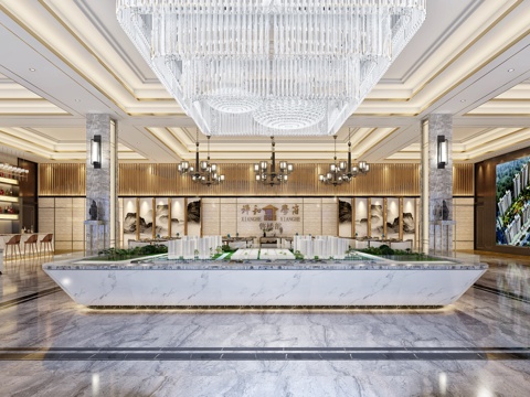  新中式售楼处售楼部大厅沙盘水吧台背景墙3d模型 