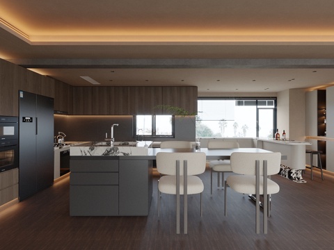  现代家居餐厅 开放式餐厅 意式家居餐厅 岛台餐厅 餐桌椅组合3d模型 