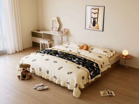 现代法式卧室 双人床 梳妆台 床头柜su模型