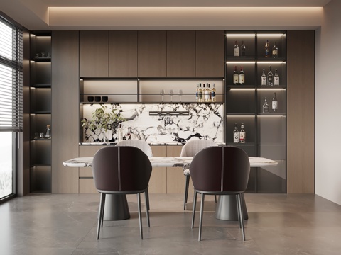 现代意式餐厅 餐桌椅 餐边柜su模型