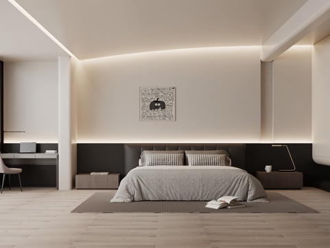 现代极简卧室 双人床 衣柜 书桌su模型