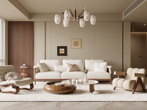 中古风客厅 沙发茶几组合 吊灯su模型