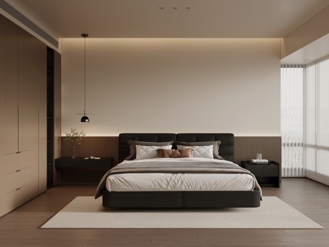 现代意式卧室 双人床 衣柜su模型