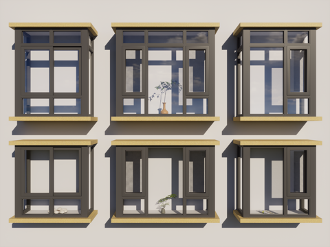 现代铝合金飘窗 断桥铝平开窗 平开窗 推拉窗 飘窗su模型