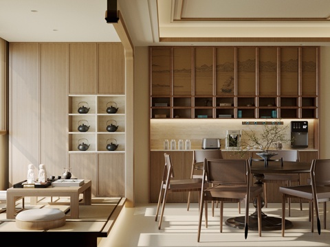  新中式禅意餐厅 实木餐桌椅组合 餐边柜 茶水柜 茶柜 茶叶柜3d模型 