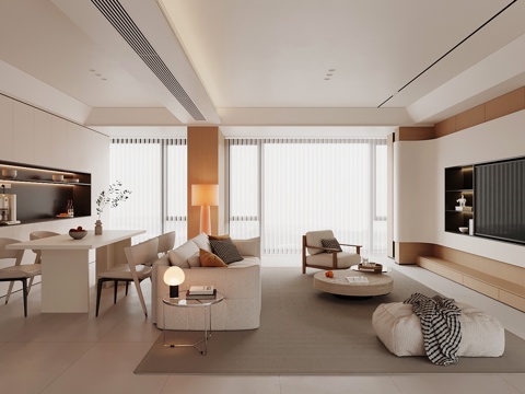 现代奶油风客餐厅 沙发茶几组合 电视背景墙 茶桌椅 酒柜su模型