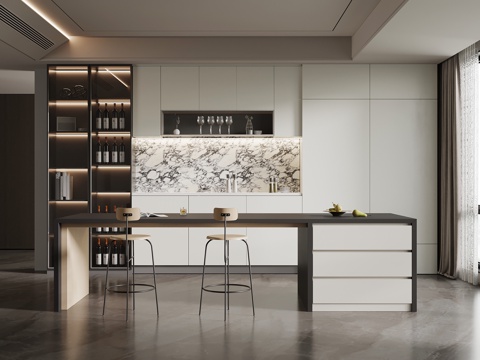 现代餐厅 酒柜 岛台餐桌椅su模型