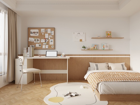 现代卧室 原木风卧室 书桌椅 双人床su模型