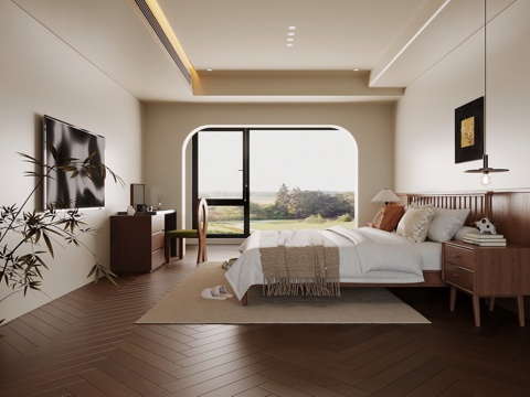 中古风卧室 双人床 梳妆台su模型