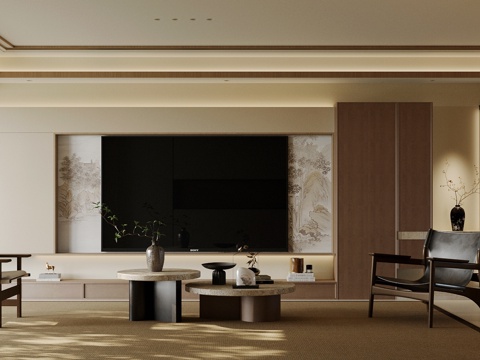 新中式禅意家居客厅 中式客厅 宋式美学客厅 无主灯客厅su模型