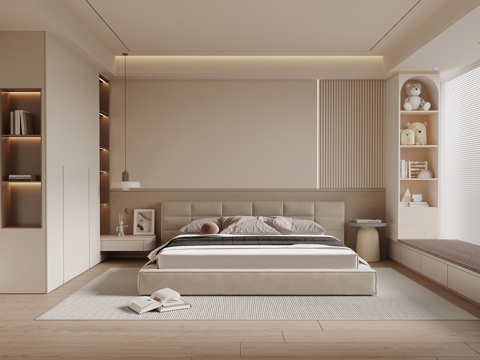 现代奶油风卧室 双人床 衣柜 飘窗su模型