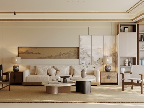 新中式禅意家居客厅 中式客厅 宋式美学客厅 无主灯客厅su模型