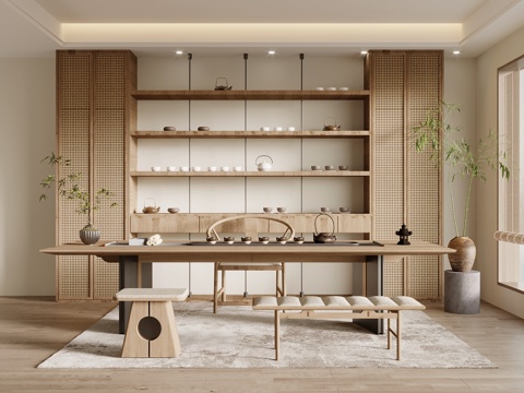 新中式茶室 茶桌椅 茶柜su模型