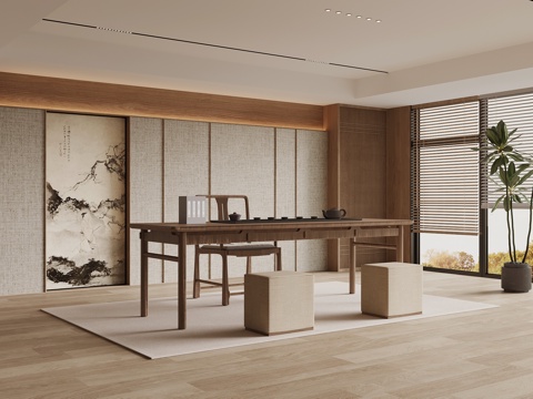 新中式茶室 宋氏风背景墙 茶桌椅su模型