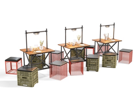 工业风餐厅桌椅组合 工业风桌椅 工业LOFT  啤酒框凳子su模型