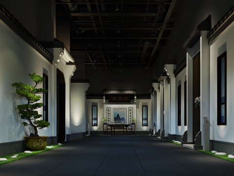  新中式现代中式建筑 过道 院落 展厅 徽派建筑3d模型 