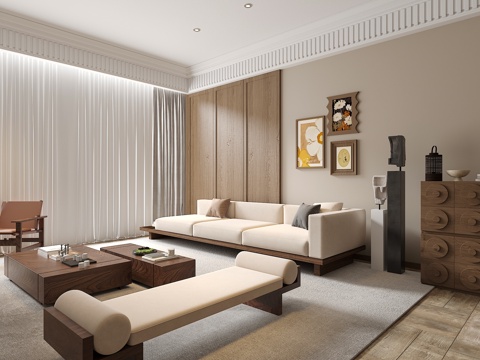 中古侘寂风客厅 沙发茶几组合 绿植 饰品摆件 台灯  背景墙su模型