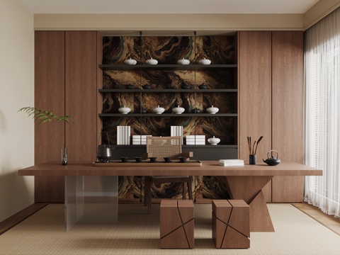 中古风茶室 茶柜 茶桌椅su模型