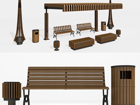  户外设施 景观座椅 公园长凳 公园垃圾桶 户外凉亭长椅3d模型 