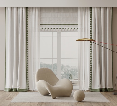 法式窗帘 纱帘 双开帘 休闲沙发 边几su模型