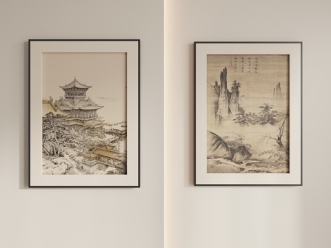 新中式禅意组合挂画su模型