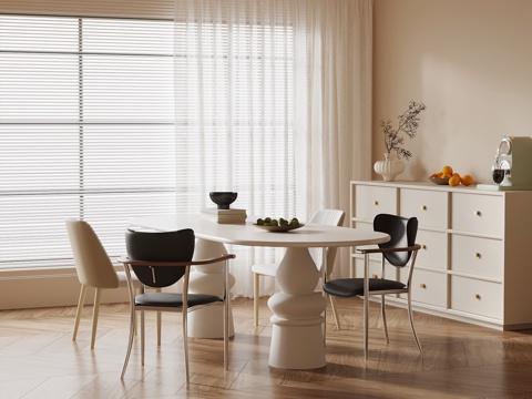 现代奶油风餐厅 餐桌椅 餐边柜su模型