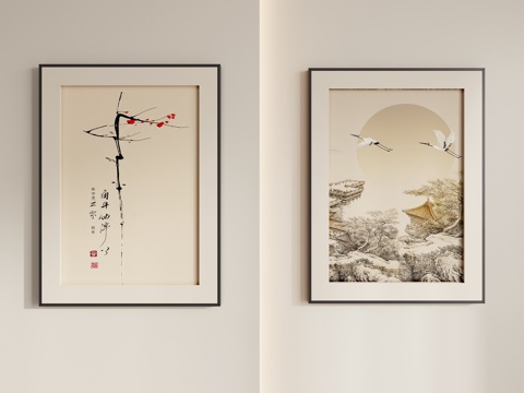 新中式禅意组合挂画su模型