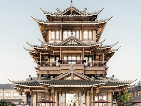 古建商业建筑  仿古塔楼 木质su模型