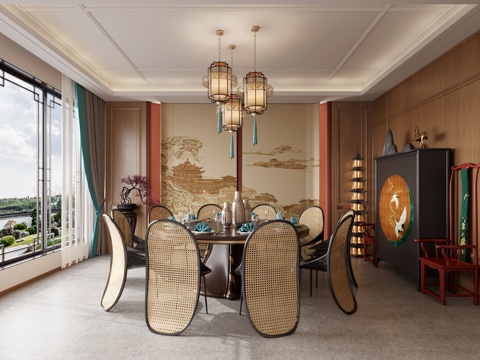  新中式餐厅包间3d模型 