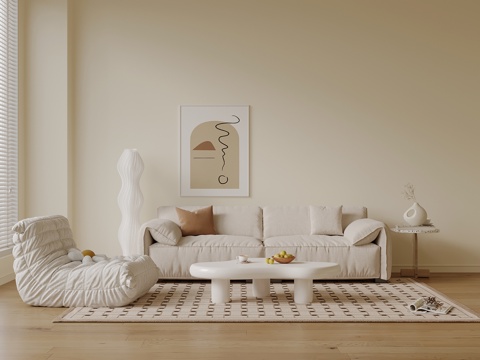 现代奶油风沙发茶几组合su模型