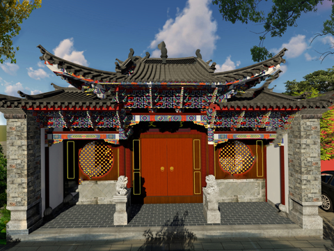 中式古建筑 古楼 彩绘斗拱 宗族祠堂su模型