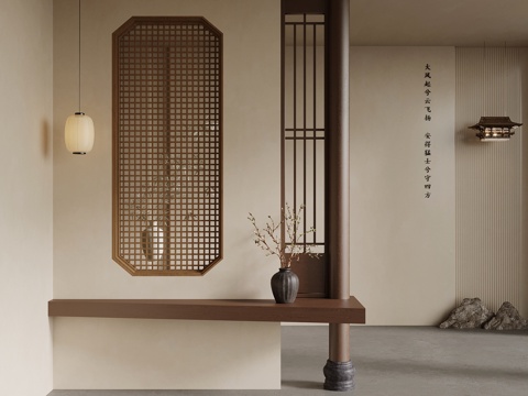 新中式玄关 玄关隔断su模型