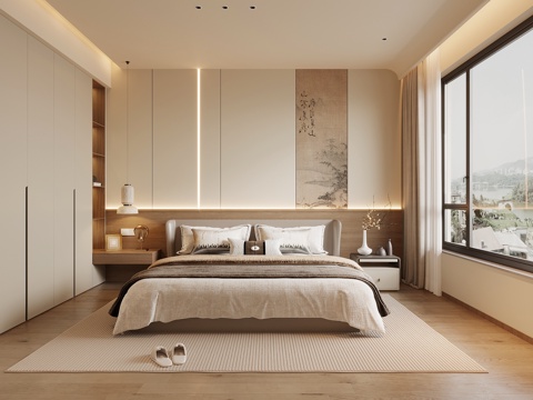 新中式卧室 主卧 双人床 床头柜 衣柜 床头背景墙su模型