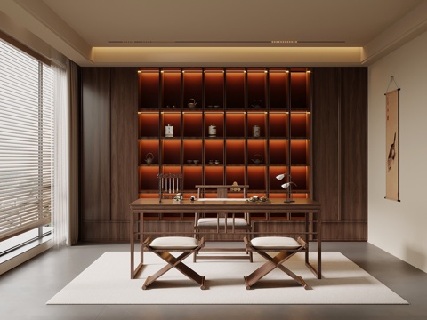 新中式书房 书柜 书桌椅su模型