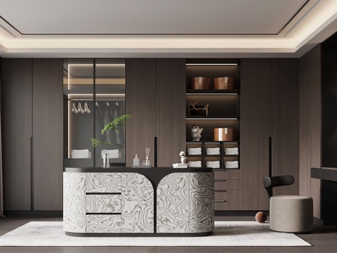 现代意式衣帽间 岛台 化妆台su模型