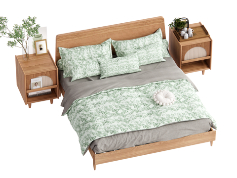 原木风双人床su模型