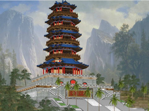 中式塔楼阁楼   玲珑宝塔su模型