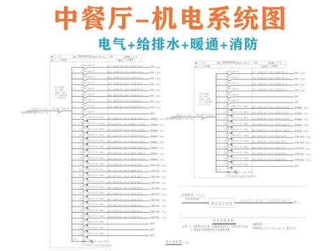  中餐厅机电系统图 电气给排水暖通消防cad施工图 