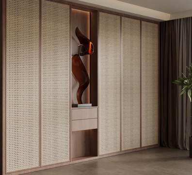 中古风衣柜 通顶衣柜 藤编柜门su模型