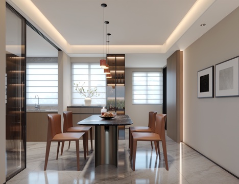 现代餐厅 酒柜 吊灯 挂画 餐桌组合su模型